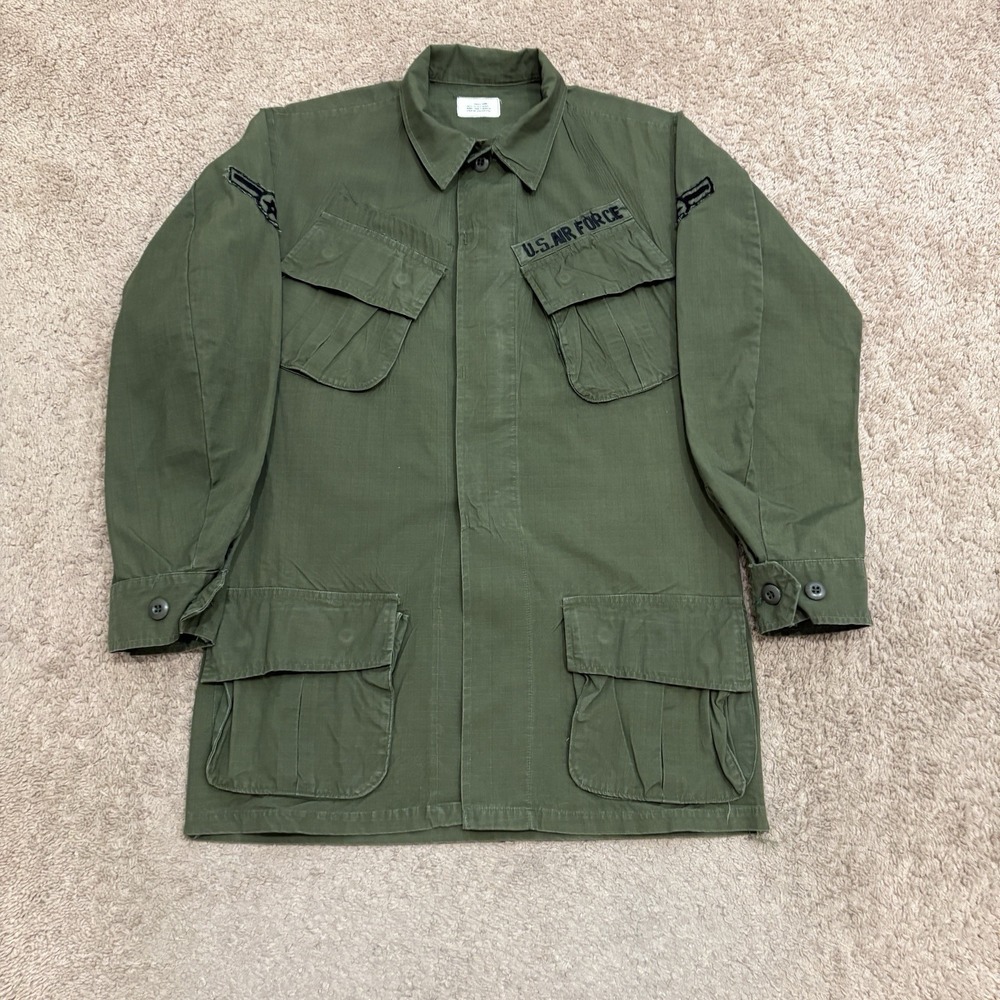 Vintage 60s US Army OG 107 Rip Stop Poplin Slant Pocket Coat Vietnam Small Long